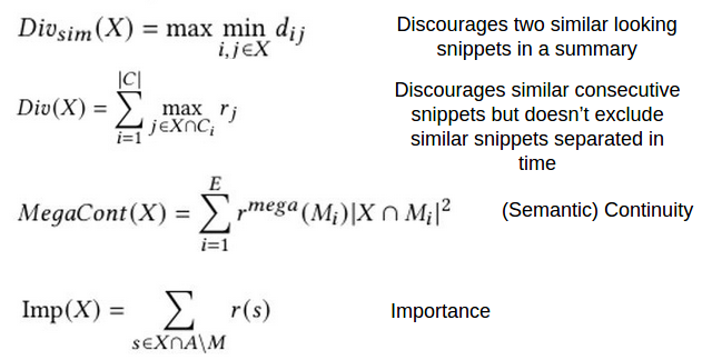Example of different measures modeling different desired characteristics in a summary
